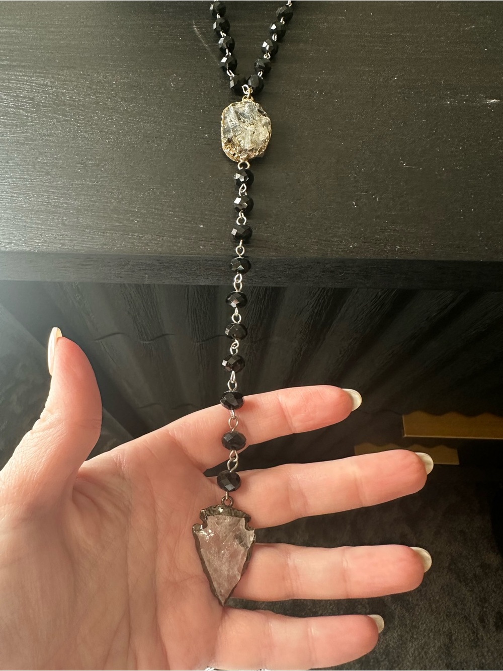 Black hand Beaded Pendant lariat Necklace with Raw Stone arrowhead Accent